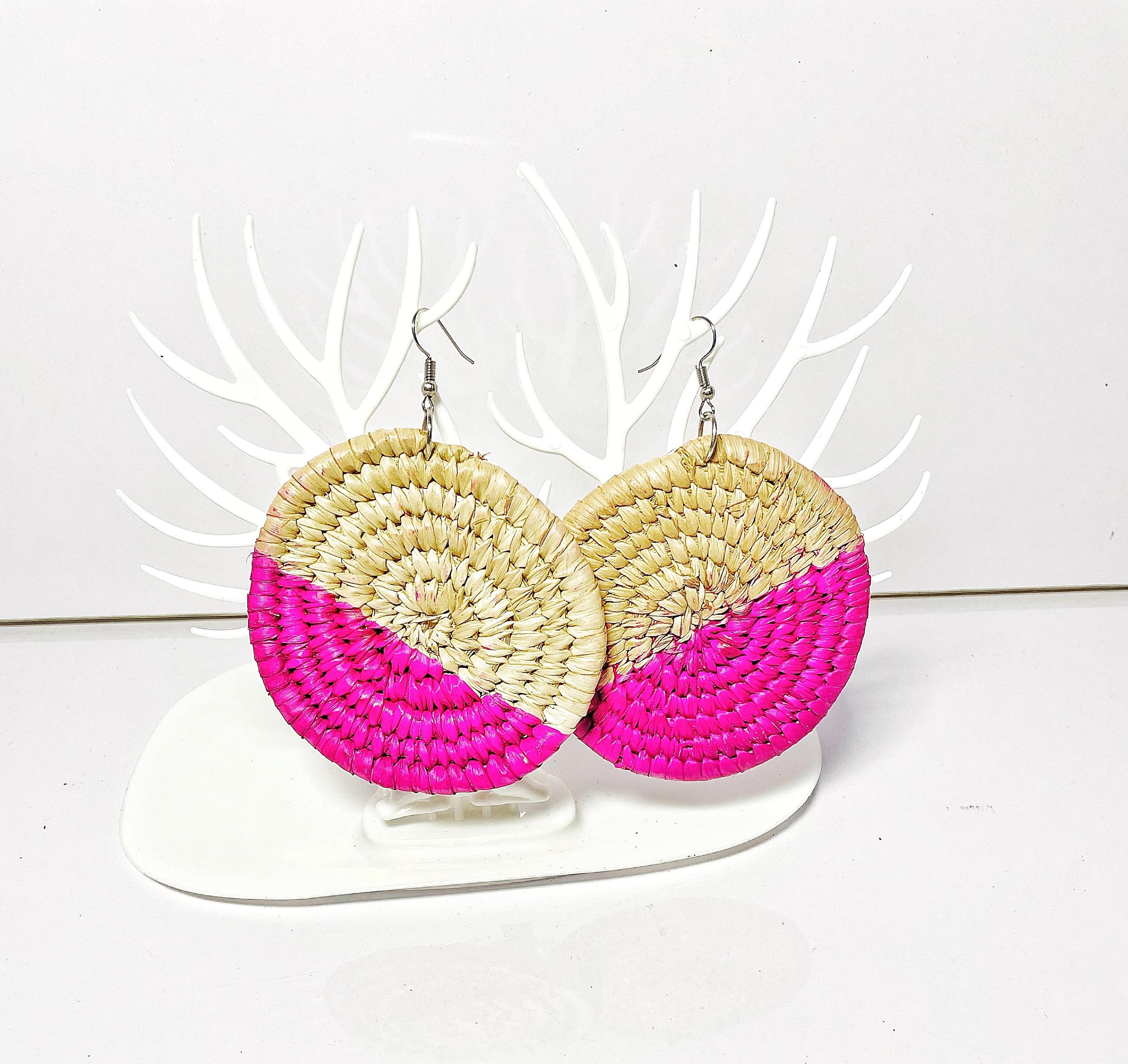 Handwoven Two-Tone Straw Circle Earrings Image
