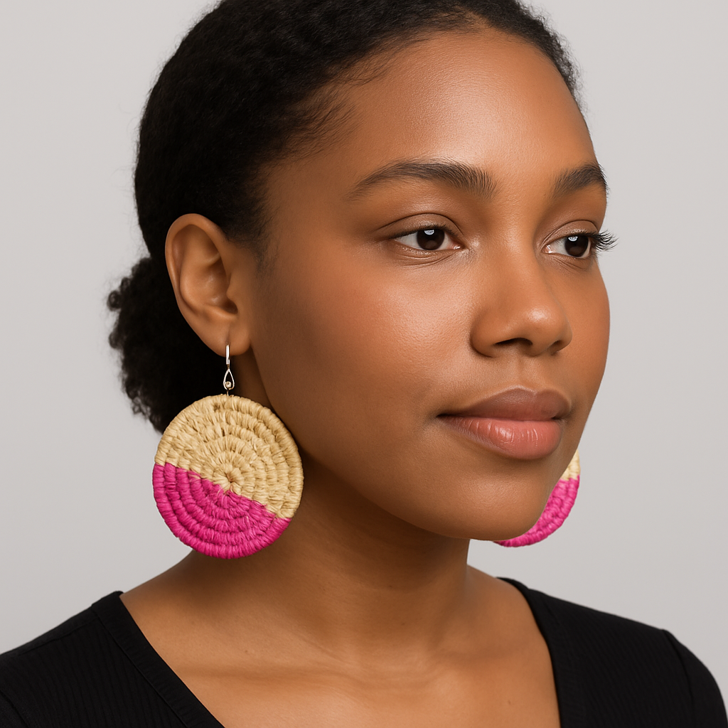 Handwoven Two-Tone Straw Circle Earrings | Raffia earrings