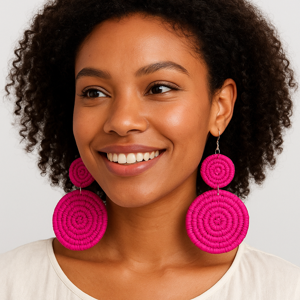 Handwoven Straw Earrings – Hot Pink | Raffia earrings