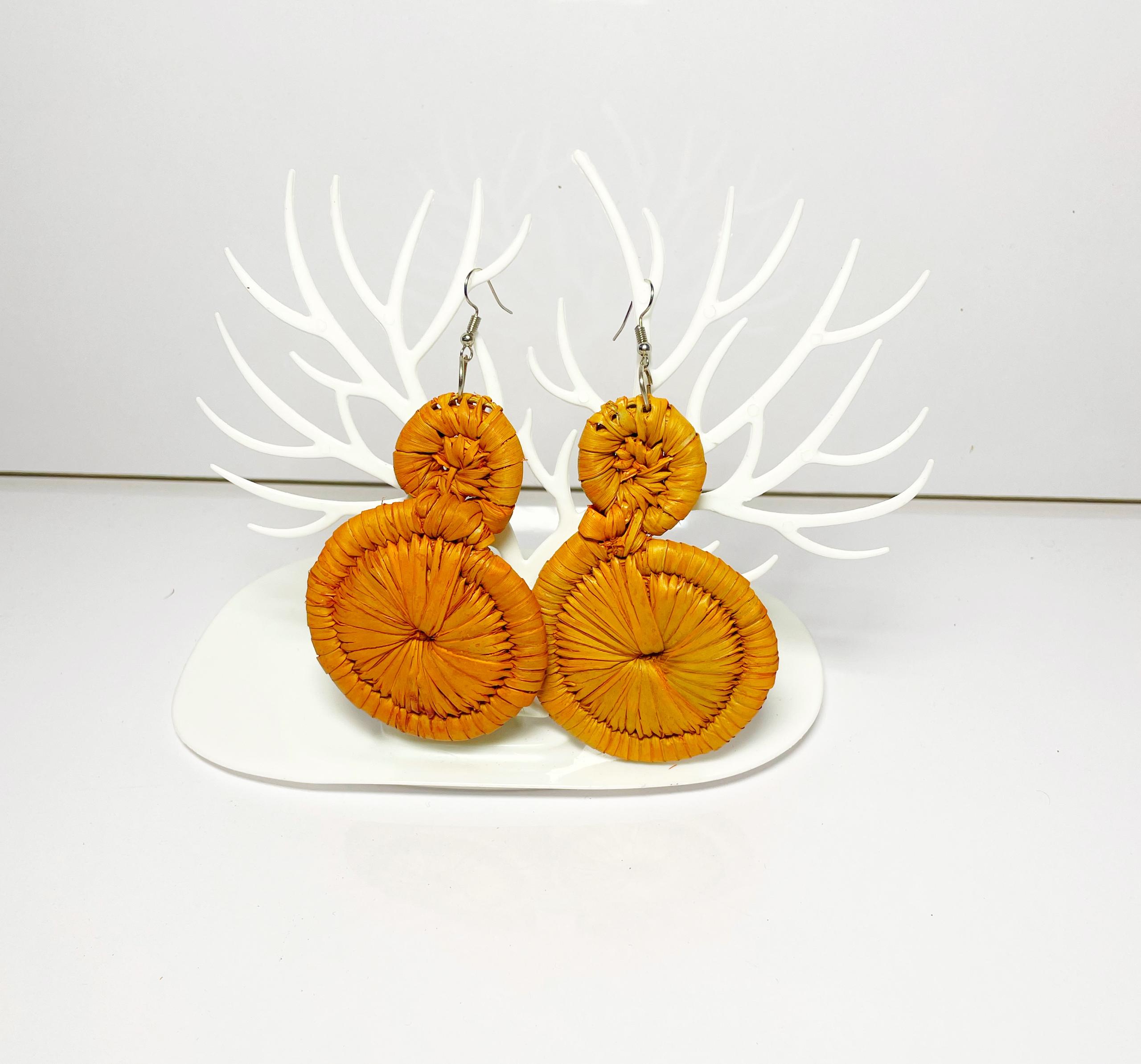 Handwoven Mustard Yellow Straw Earrings | Raffia earrings