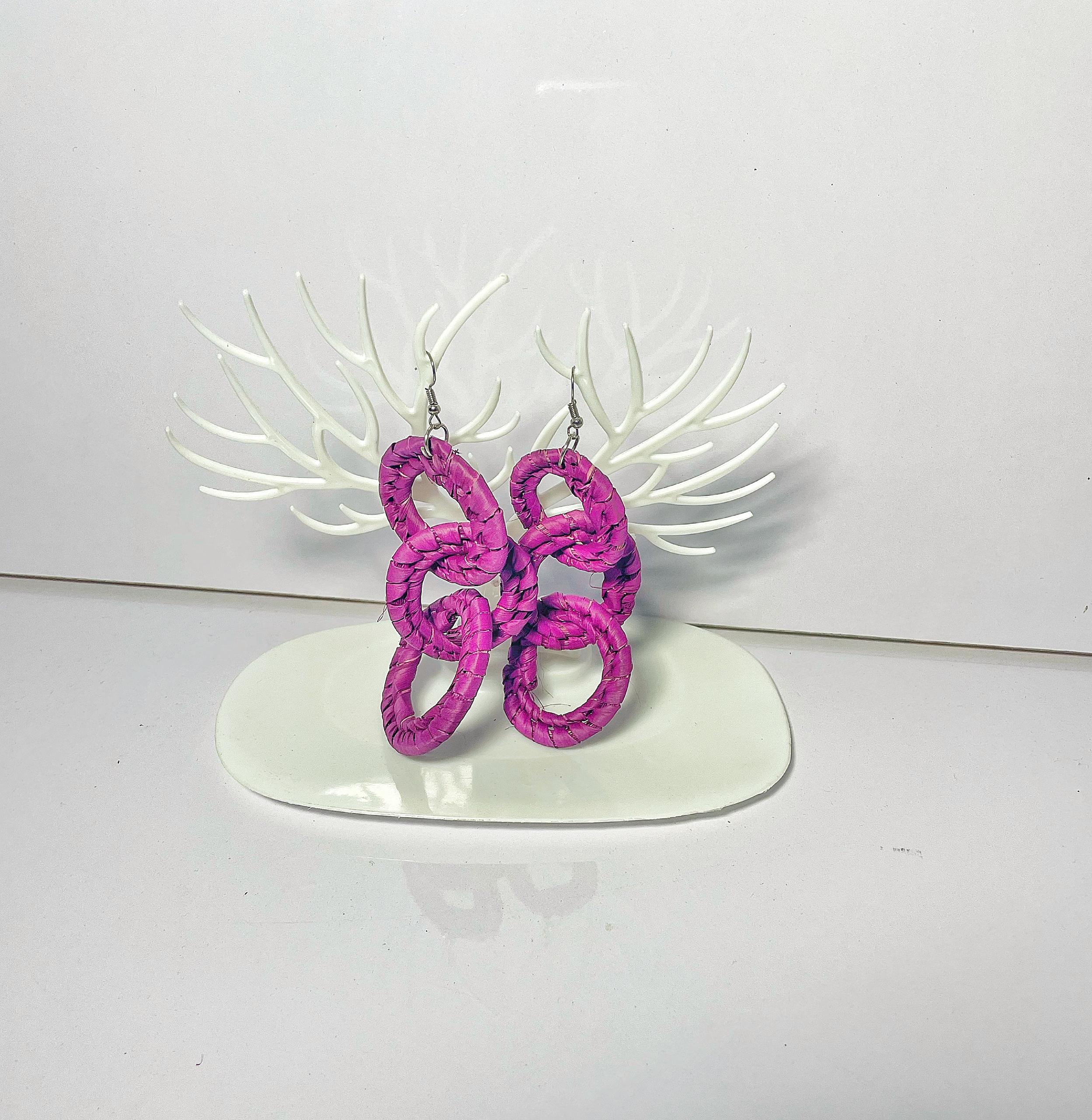 African Handwoven Fuchsia Link Earrings | Raffia earrings